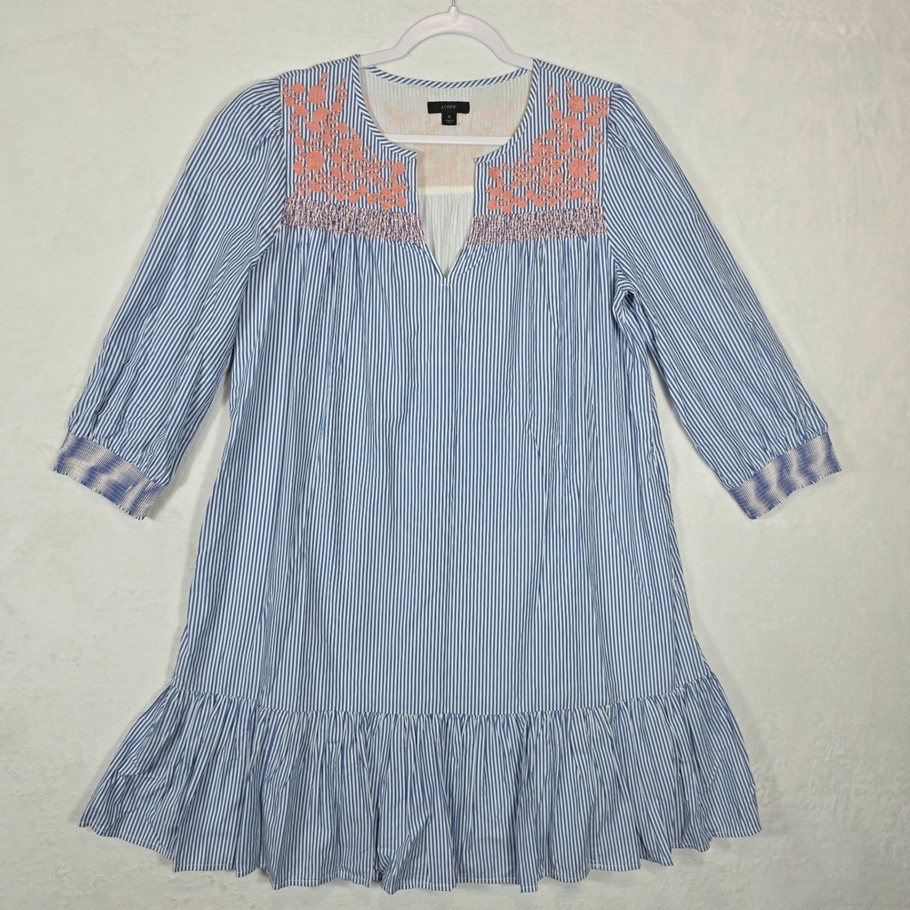 J Crew Embroidered Popover Blue White Striped Tiered Above Knee Dress Sz Small